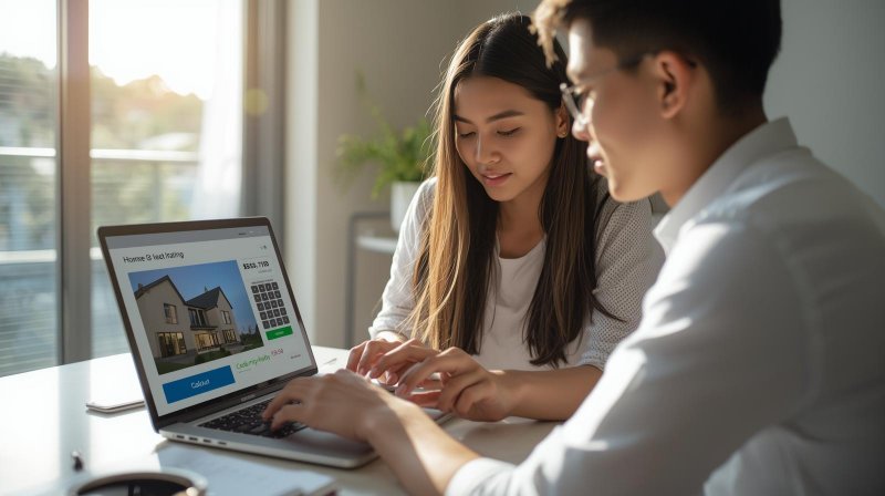 Pasangan muda sedang berdiskusi dengan konsultan keuangan tentang Sweet Home Loan untuk membeli rumah pertama di kantor bank modern.