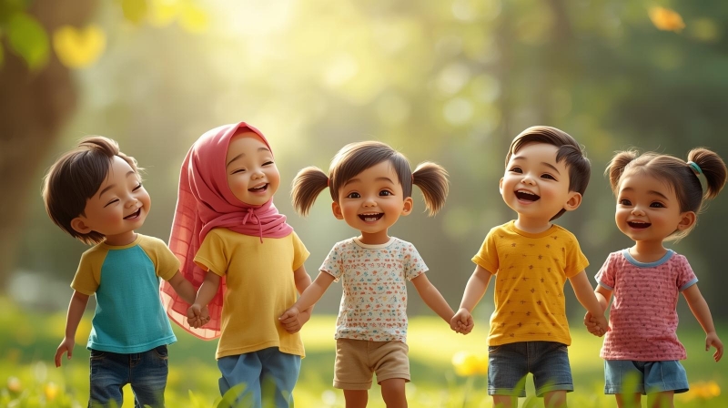 Sekelompok anak dari berbagai latar belakang bermain bersama dengan rukun, ilustrasi mengajarkan toleransi sejak dini