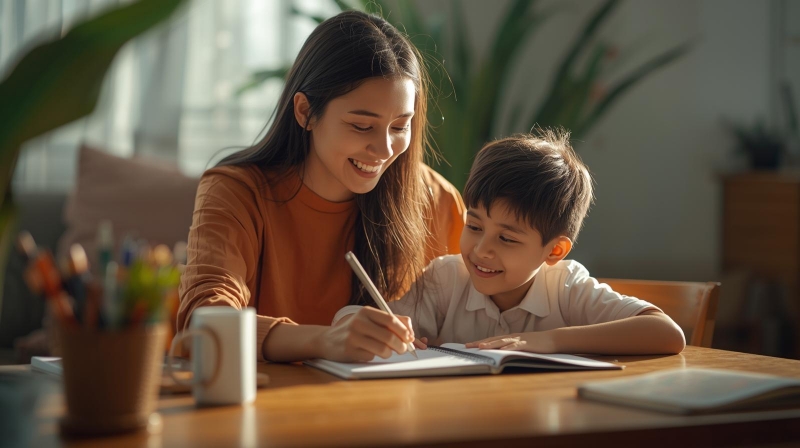 Ibu mendampingi anak belajar di rumah dengan sabar, tenang, dan tanpa drama.