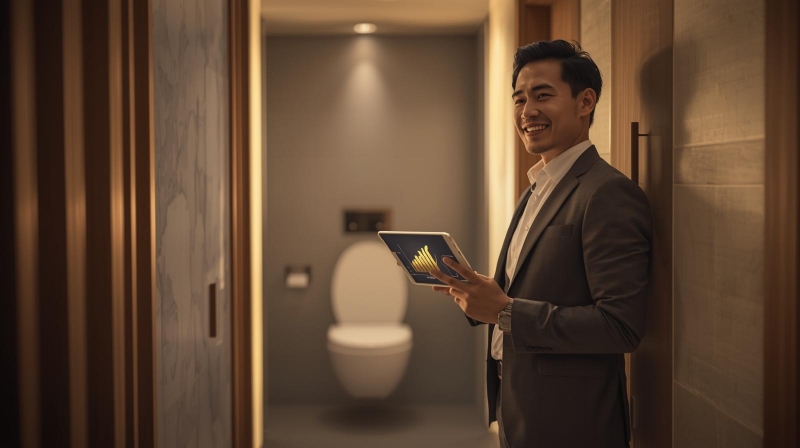 Kemewahan fungsional kamar mandi pintar JOMOO dengan teknologi flush hemat air dan pengatur suhu presisi.