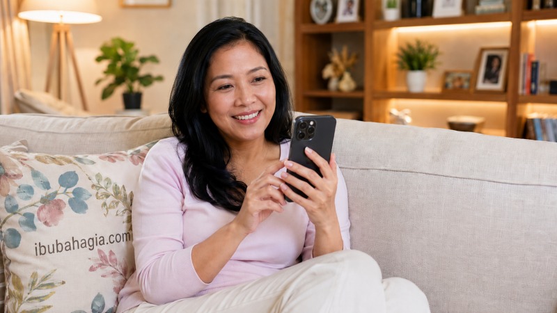 Seorang ibu menikmati waktu me-time menonton drama VIP menggunakan panduan katalog top up WeTV lengkap.