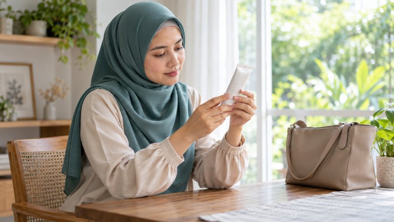 Perempuan berhijab membaca label kemasan di dekat jendela sebagai bagian dari cara memilih sunscreen.
