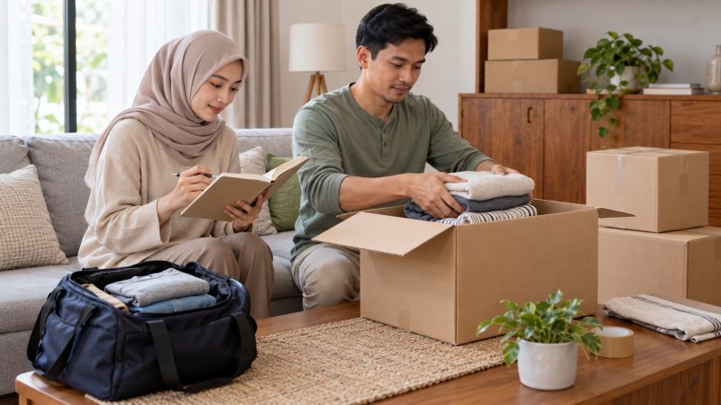 Pasangan mencatat dan mengemas barang untuk ekspedisi ke Lampung dengan tas perjalanan terpisah dari kardus.