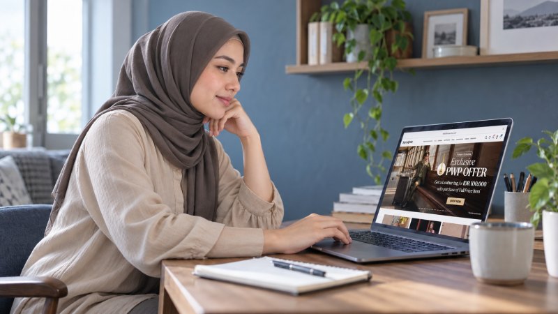 Perempuan berhijab meninjau website di laptop sebagai ilustrasi mencari informasi sebelum beli koper.