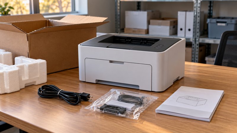 Printer, kabel, aksesori terkemas, dan buku petunjuk di samping kardus terbuka.